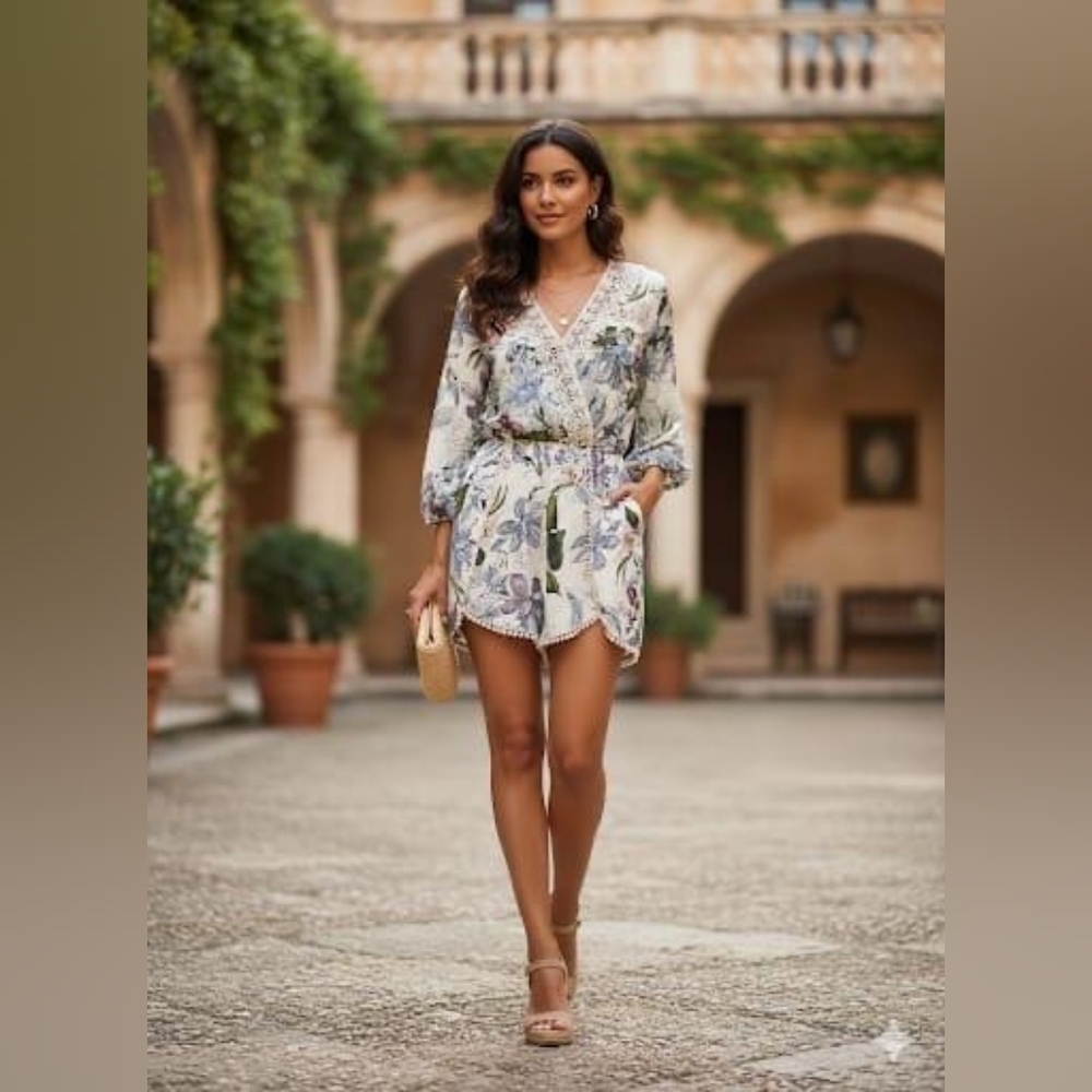 Boho Floral Long Sleeve Romper Crochet V Neck Pom Pom Hem Ivory Blue Small